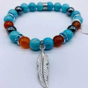 8mm Turquoise, Red Agate, Hematite with Feather