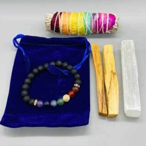 Balancing Kit (4" 7 chakra sage, palo santo stick, selenite & lava bracelet)